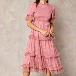 Pink Polka Dot Tulle Smocked Midi Dress – Size Medium